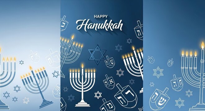 Hanukkah celebration banner set with menorah and dreidels.