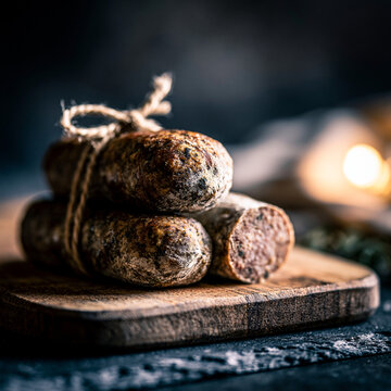 Small smoked sausage links bundled with string charcuterie butchery appetizer