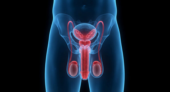 A 3D medical visualization of the male reproductive and urinary system, highlighted in red against a translucent blue pelvic silhouette on a black background.