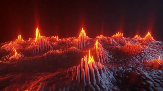 An epic 3D slow motion depiction video shot of lava fountains rising in rhythmic pulses, rendered with real particle detail