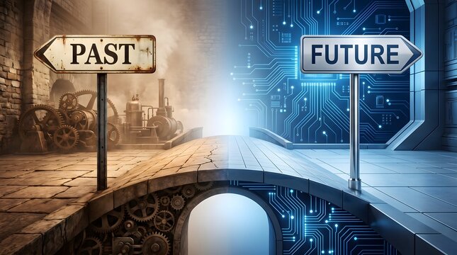 Technology evolution concept bridge connecting industrial past with glowing digital circuit board future indicating digital transformation