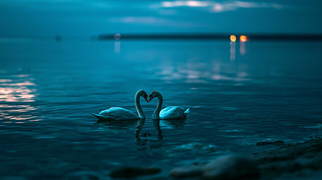 Two majestic swans forming a heart shape on calm dark blue water with wildlife