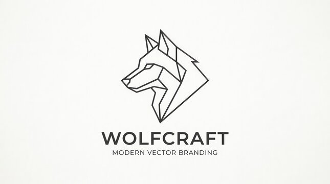 Minimalist wolf head logo design for branding. Sleek corporate emblem with sharp geometric lines and modern vector style.