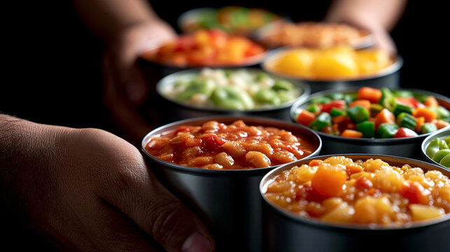 Hands holding multiple small bowls of various hearty vegetable soups with vegetable
