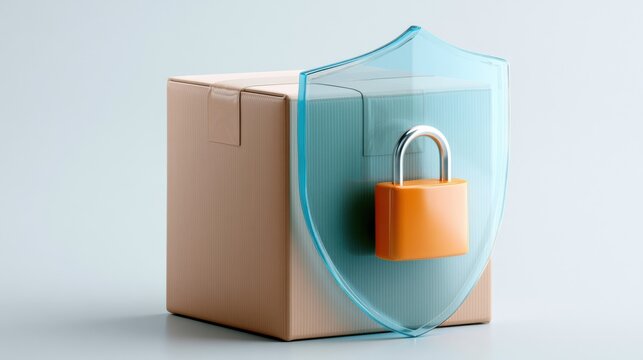 A brown cardboard box protected by a transparent shield with a padlock