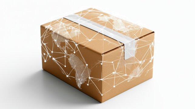 A cardboard box covered with a network of lines and nodes, suggesting connectivity and global reach