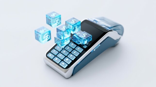 A digital payment terminal with glowing cubes representing currency symbols floating above it, symbolizing modern financial transactions