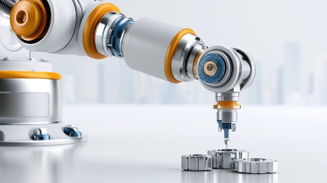 An advanced robotic arm precisely assembling metal components in a modern industrial setting. The robotic arm, with its sleek white and orange design, meticulously works on gears and screws.
