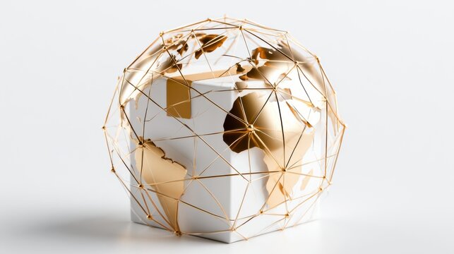 A stylized globe with continents in gold, encased in a golden network grid, symbolizing global connection and communication