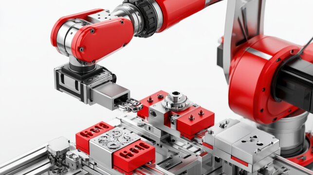 A red robotic arm precisely manipulates a component on an automated assembly line, showcasing advanced manufacturing technology.
