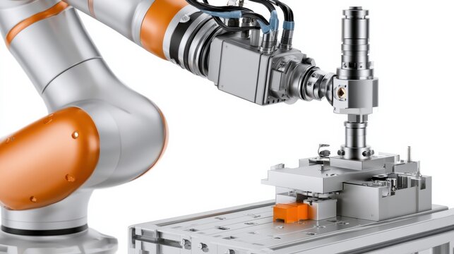 An industrial robotic arm precisely assembling a component on a manufacturing line, showcasing automation and advanced technology