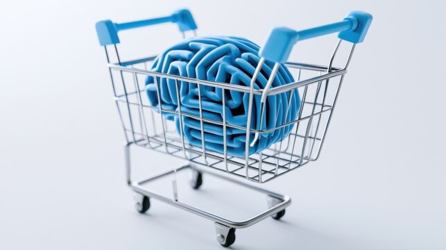 A blue brain inside a shopping cart, symbolizing ideas and consumerism