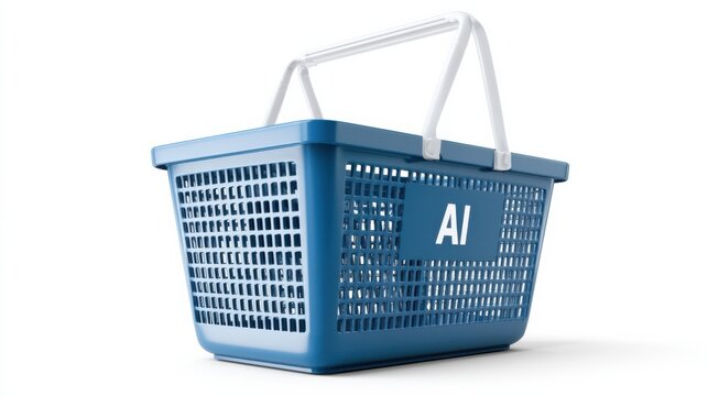 An AI-branded blue shopping basket with white handles, symbolizing future retail technology