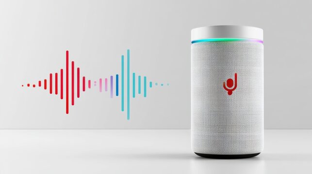 A white cylindrical speaker with a red logo sits next to a colorful sound wave graphic. The top of the speaker has subtle LED lights.
