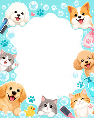 Obraz premium Bright and fresh flyer backdrop for pet grooming. A border made of cute illustrations of happy fluff