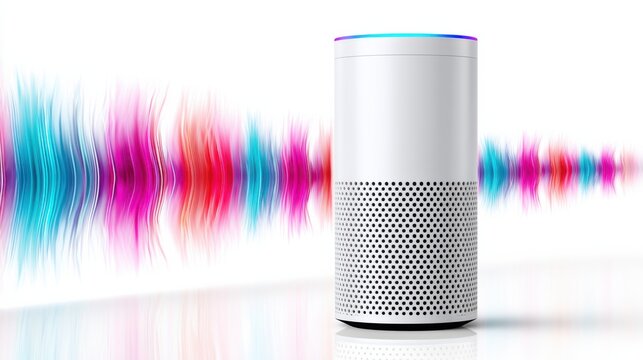 A sleek white cylindrical device, likely a smart speaker, is positioned next to a vibrant, abstract visual representation of sound waves in shades of blue, pink, and red.