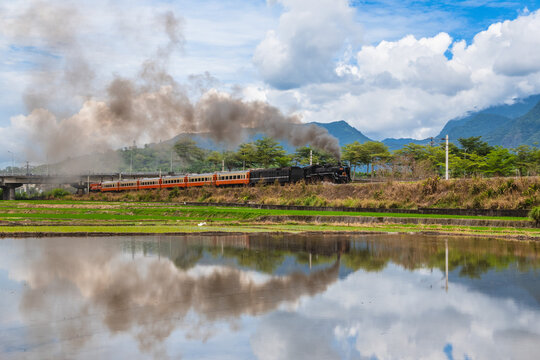 Steam locomotive on the field in Fuli Township, Hualien County, Taiwan