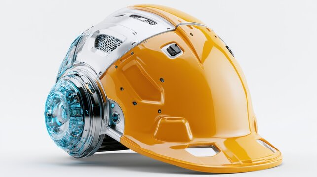 A futuristic hard hat with a blend of orange and silver metallic finish, incorporating advanced blue light technology on the side, suggesting innovation and protection