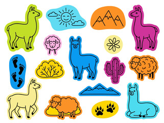 Naklejka premium Colorful Llama and Sheep Sticker Set, Cute Alpaca Vector Illustration with Nature Elements