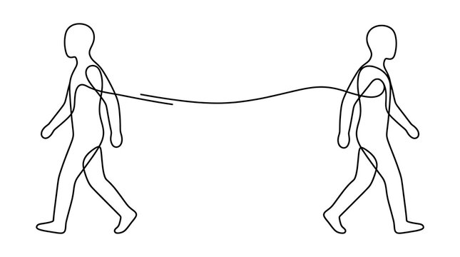 Continuous line drawing of two people walking in opposite directions