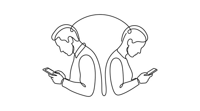 Digital Disconnection Continuous Line Art of Couple with Smartphones