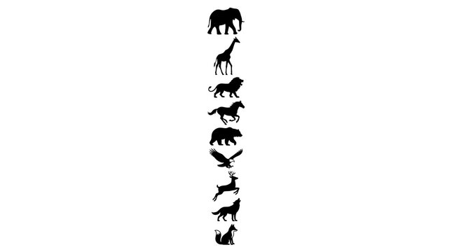 Animal Silhouettes Collection: A diverse array of animal silhouettes, including elephant, giraffe, lion, horse, bear, eagle, deer, wolf, and another horse, presented in a vertical.