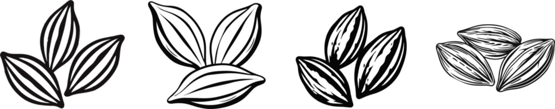 A minimalist icon of three raw cocoa beans in a loose circle, rendered in stark black against a white background