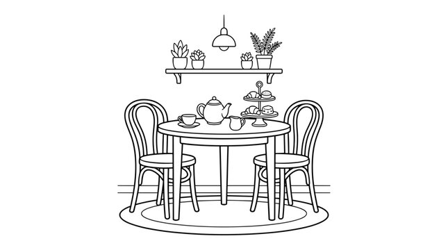 Cozy tea time dining room interior line art vector illustration featuring table chairs teapot cupcakes and shelf isolated on white background