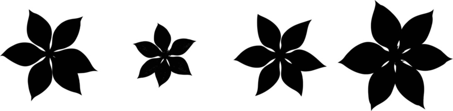A minimalist flat icon of a single clematis flower in black against a white background, showcasing its star-like petals with pointed sepals radiating outwards