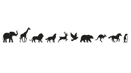 Fototapeta premium Silhouette Collection of Diverse Wildlife: A striking collection of animal silhouettes, showcasing a variety of creatures from majestic elephants and giraffes to powerful lions and bears.