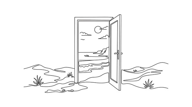 Minimalist line art of an open door to a tropical sea coast view