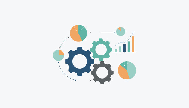 Interconnected gear mechanism works alongside colorful pie charts and bar graphs, symbolizing operational efficiency and business analytics.