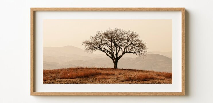 Solitary bare tree on a hill under a hazy, pale sky with layered hills