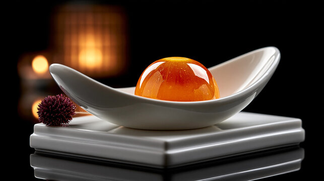 Elegant amber jelly dessert served on white curved dish with transparent, delicacy