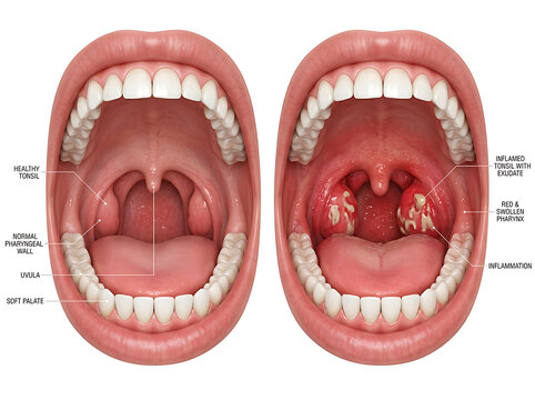 Comparative Anatomy of a Healthy Human Throat Versus a Throat Suffering from Bacterial Tonsillitis Infection with Visible Inflammation and Exudate