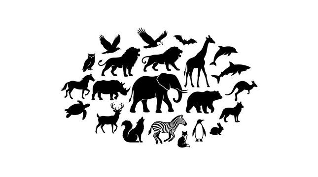 Diverse Wildlife Silhouettes: A striking arrangement of black animal silhouettes, representing a wide array of creatures from different habitats, clustered together to showcase Earth's biodiversity.