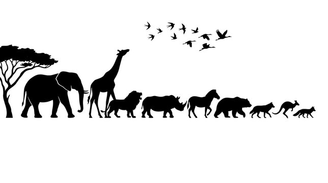 Savanna Wildlife Silhouette: A striking silhouette showcases a procession of diverse African savanna animals, including an elephant, giraffe, lion, rhinoceros, and zebra.
