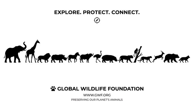Wildlife Conservation Emblem: A silhouette graphic showcases a diverse lineup of wild animals, representing global wildlife and conservation efforts, beneath the impactful slogan EXPLORE. PROTECT.