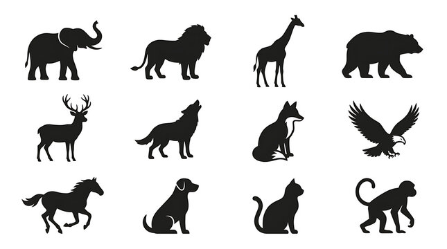 Set of Animal Silhouettes: A striking collection of diverse animal silhouettes, from the majestic elephant and lion to the graceful giraffe and powerful bear, presented in a clean, graphic style.