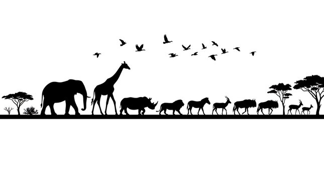 Safari Silhouette Panorama: A majestic procession of African wildlife, including elephants, giraffes, rhinos, lions, zebras, and antelopes.