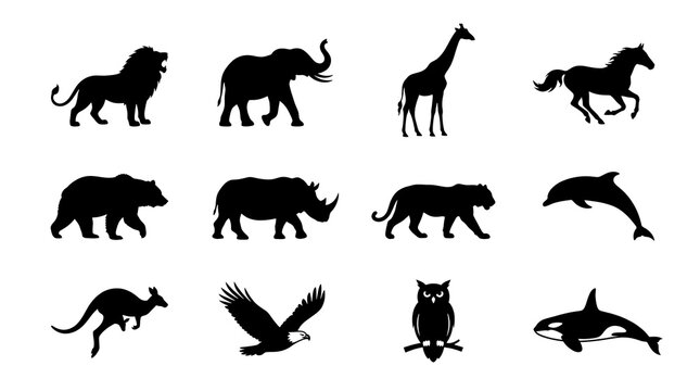 Silhouette Wildlife Collection: A dynamic collection of diverse animal silhouettes, including a lion, elephant, giraffe, horse, bear, rhino, tiger, dolphin, kangaroo, eagle, owl, and killer whale.