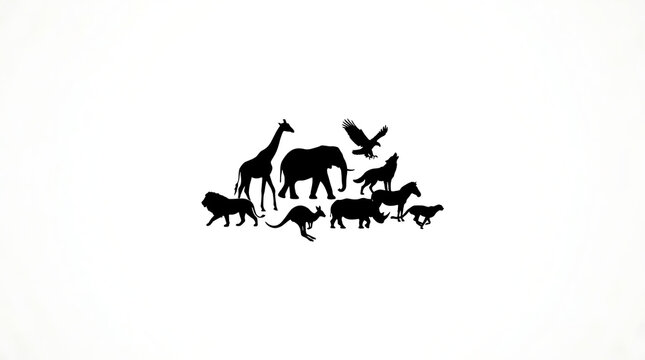 Safari Silhouette: A collection of animal silhouettes, including a lion, giraffe, elephant, kangaroo, horse, eagle, and rhinoceros, stand together against a clean white background.