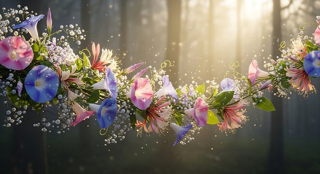 Enchanting floral wreath of morning glories with mist  sunshine in a forest background.