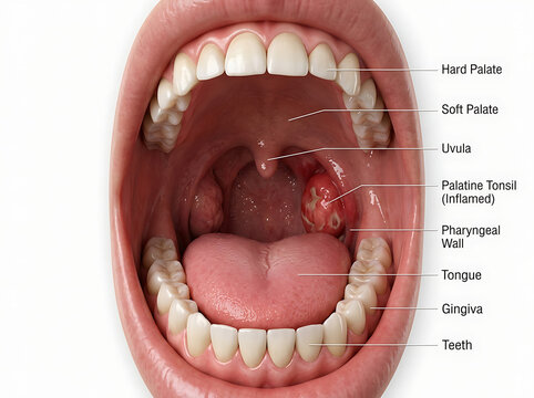Medical Illustration of Human Mouth Anatomy Showing Inflamed Palatine Tonsils and Throat Structure for Clinical Educational Purposes