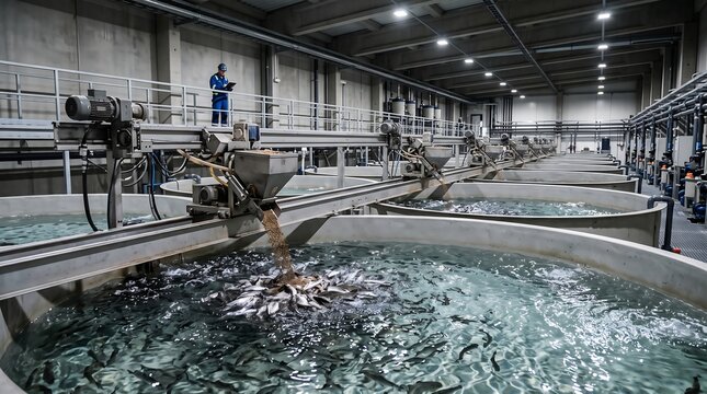 Modern Fish Farm Aquaculture Facility with Tanks and Equipment generated ai