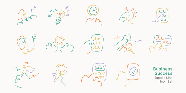 Business success and achievement concepts. Minimal doodle line icon set including growth arrows, lightbulb idea, targets, checklist, and victory flag.