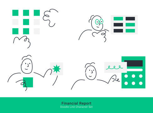 Financial report and accounting concepts. Doodle line characters calculating budget, analyzing data grids, inspecting statements, and managing financial statistics.