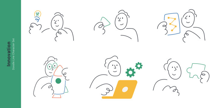 Business innovation and technology concepts. Doodle line characters with rocket launch, lightbulb idea, laptop gear, jigsaw puzzle, and analytics.