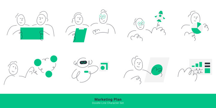 Marketing plan and business strategy concepts. Doodle line characters discussing analytics, launching rocket, presenting pie chart, network connection, and ai bot.