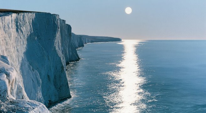 Vast white cliffs meet the glittering sunlit ocean under a clear sky